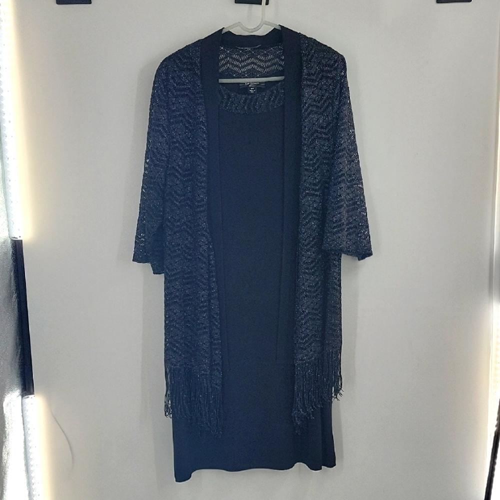 R&M Richards Black Shift Dress with Sparkling Fringe Jacket